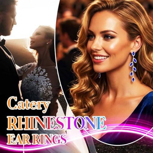 Catery Crystal Wedding Earrings Rhinestones Dangling Earrings Leaf Bridal Ear Jewelry for Brides and Women - color: Blue