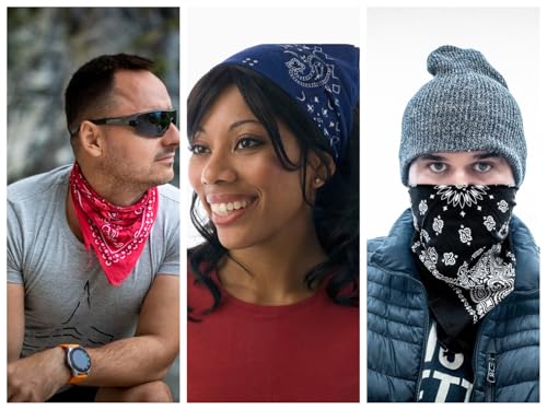 Classic Paisley Bandanas - 3 Pack Gift Set, 100% Cotton, 22x22 Inches - color: Red/Black/Blue