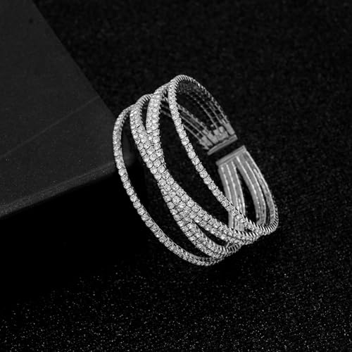 Women's Multi-Layer Rhinestone Cuff Bracelet Sparkling Crystal Tennis Bangle for Bridal Wedding Party - color: 1203 Silver