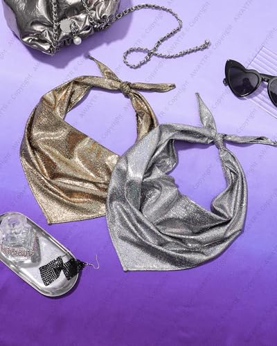 AWAYTR Y2K Hair Bandanas for Women Hair - 2Pcs Punk Head Wraps for Girls Hair Scarf Grunge Disco Head Cover - color: Shiny (Gold/Silver)