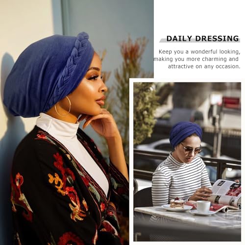 DRESHOW Turban Pre-Tied Twisted Hat Thread African Head Wraps for Black Women Chemo Cancer Cap Braid Hair Cover - color: 1 Pc Twisted Braid: Light Navy Blue