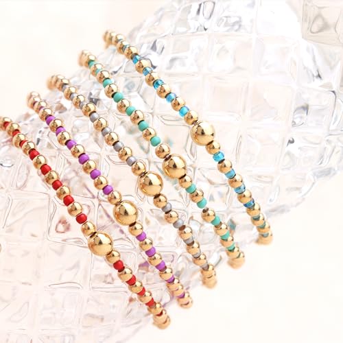 Gold Beaded Stackable Friendship Bracelets Set for Women, Handmade Boho Stretch Summer Jewelry Gift. - color: 0903B