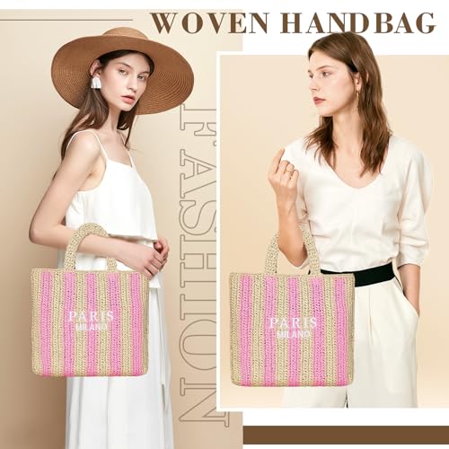 Straw Beach Bag for Women Summer Woven Tote Bag Packable Straw Purses and Handbags for Vacation Holiday - color: M-pink