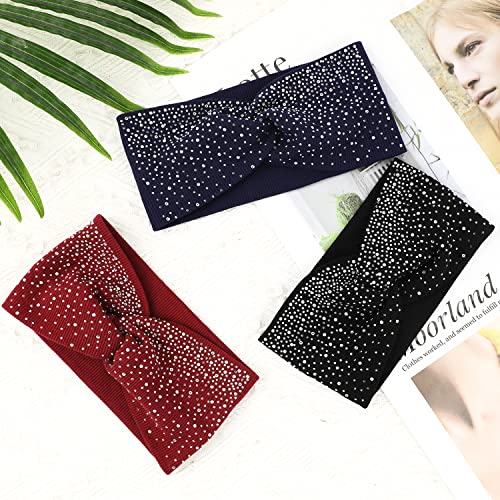 Rhinestone Boho Headbands, 3 Pack Crystal Stretch Turban Headbands with African Cotton Fabric - Fashion Hair Scarfs - color: Navy & Black & Burgundy