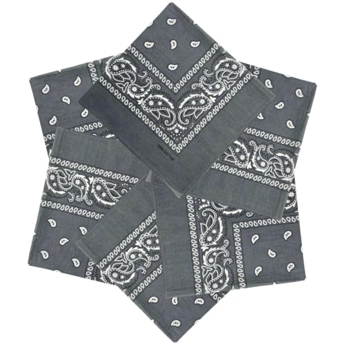 MDSTYLE 6 Pack 100% Cotton Bandanas 22” x 22" for Men & Women Paisley Handkerchief Headband Scarf Bandana - color: Grey