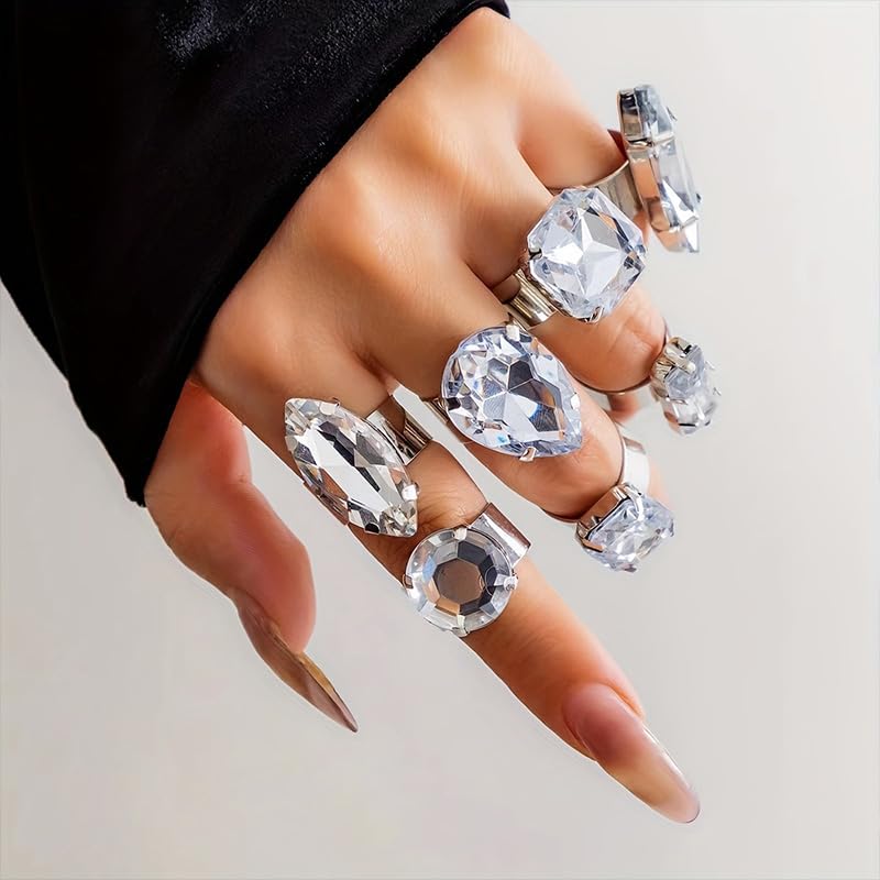 Statement Big Bling Rhinestone Costume Rings Stack Chunky Unique Silver Crystal CZ Large Knuckle Cocktail Ring Pack Cool Prom Jewelry Set for Women Trendy - style: Bling