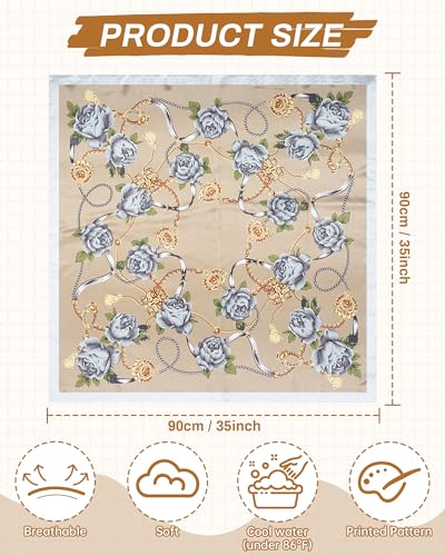 Mesovor 35” Square Head Scarf for Women, 3 Pack Like Silk Satin Headscarf Hair Neck Scarf Top Bandanas for Sleeping - color: Floral (Black/Camel/Beige)