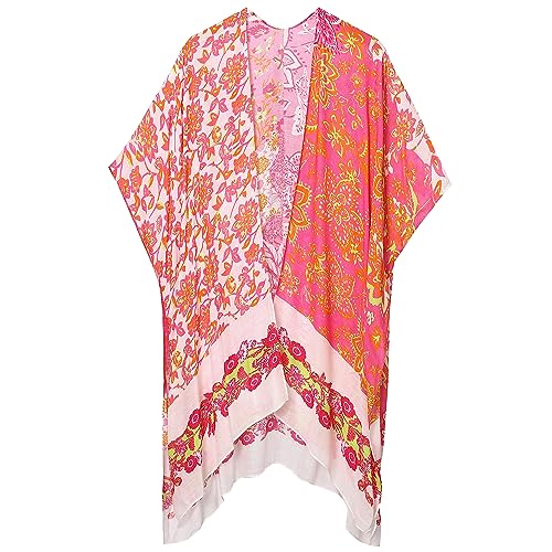 Kimonos for Women Casual Swimsuit Coverup Lightweight Boho Kimono Cardigans for Summer - color: Rose Red Flower