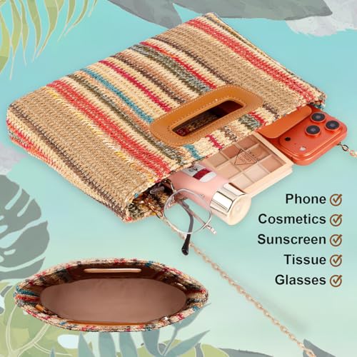 Beach Clutch Bag Straw Summer Clutch Purses for Women Handmade Woven Purse Detachable Gold Chain, Crossbody - color: Mix
