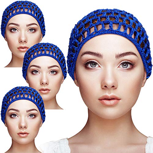 Geyoga 4 Pieces Mesh Crochet Hair Net Rayon Knit Snood Hat Thick Short Women Hairnet Snoods Cover Ornament for Sleeping(Blue) - color: Blue