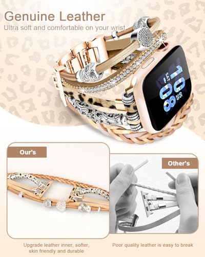 Compatible with Apple Watch Band 40mm for Women, Boho Bracelet for Apple Watch 38mm 41mm, Multilayer Leather Wrap Braided Strap for iWatch Series 11/10(42mm)/9/8/7/6/5/4/3/2/1/SE Leopard khaki - color: A-Leopard khaki, size: 42(series 11/10)/41/40/38mm
