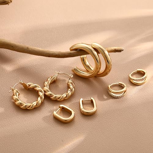 9 Pairs Small Gold/Silver Hoop Huggie Earrings Set for Women, 14K Gold Plated Chunky Hoop Small Earring Hypoallergenic Thick Open Lightweight Chunky Hoop Earrings Jewelry for Gifts - color: Gold-6 Pairs