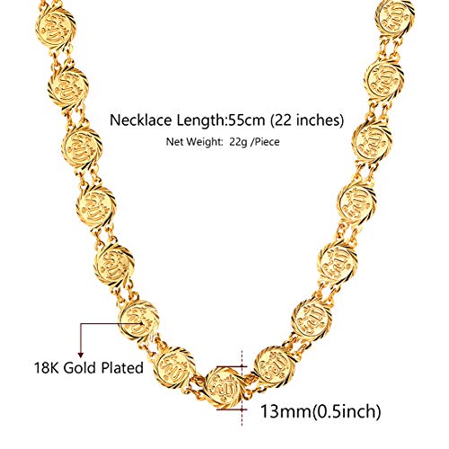 U7 Allah Necklace for Women/Men, 18K Gold Plated Square/Oval/Coin/Heart/Crescent Moon Islamic Pendant Necklace Muslim Jewelry with Chain - color: 06.Coin Necklace Gold