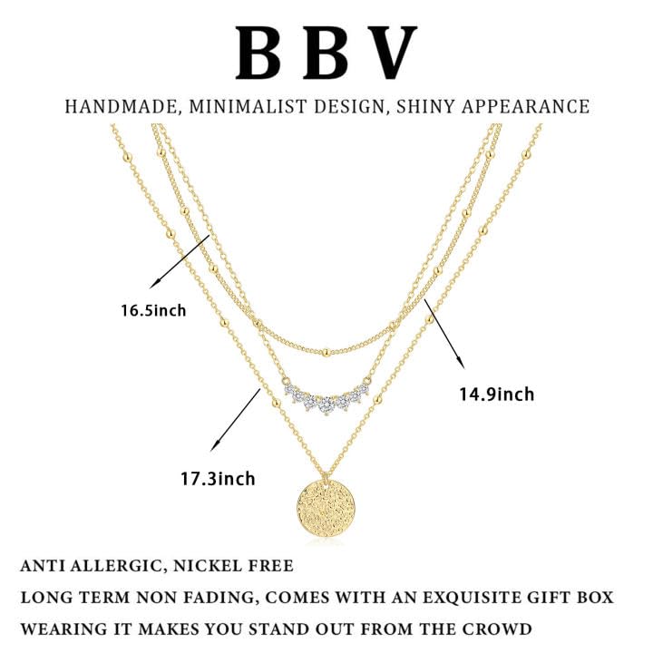 BBV Layered Gold Necklaces for Women Stackable Dainty 14K Gold Plated Silver Chain Necklace Layering Cute Fashion Pendant Choker Necklaces Trendy Jewelry Set Gifts for Women - color: golden, style: hammered texture round