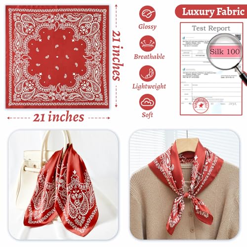 100% Mulberry Silk Neck Scarf 21''x21'' Small Square Hair Scarf for Women Men Lightweight Bandana Envelope Package - color: Cashew- Red