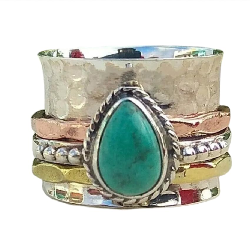 LRGKMCWTOB Vintage Sterling Silver Turquoise Ring for Women, Bohemian Style Handmade Dainty Ethnic Healing Stone Ring, Tribal Totem Cut Natural Turquoise Bridal Statement Ring Gift Size 7 - size: Size 7