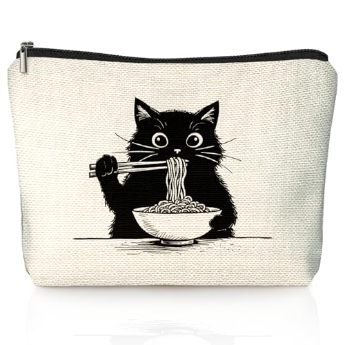 Black Cat Makeup Bag, Funny Black Kitty Eat Noodles Cosmetic Bags for Women, Cat Mom Lady Lover Gifts for Women, Pet Lovers Owners Gifts Zipper Makeup Pouch - color: 02-Cat(02)