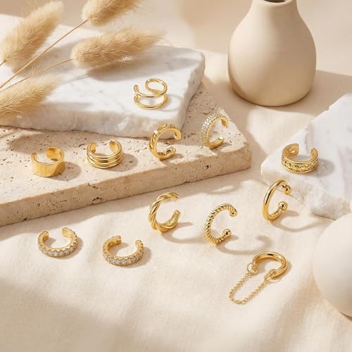 Ear Cuffs Non Piercing 14K Gold Plated Ear Cuff Earrings for Women Trendy Clip on Cartilage Earring Stacks Non Pierced Adjustable Fake Earrings Set Jewelry - color: A5:Gold Ear Cuffs-12Pcs