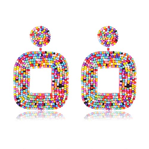 Beaded Drop Earrings Multicolored Seed Bead Earrings for Women Bohemia Statement Square Bead Hoop Dangle Earrings for Wedding Party Vacation - color: A Multicolored