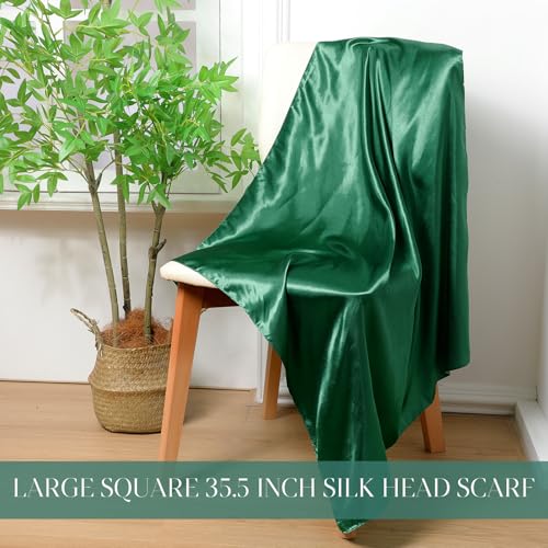 SATINIOR 35 Inch Silky Head Scarf 2 Pcs Large Square Neck Scarf Sleeping Hair Wrapping Satin Bandana for Women - color: Emerald Green, style: Classic