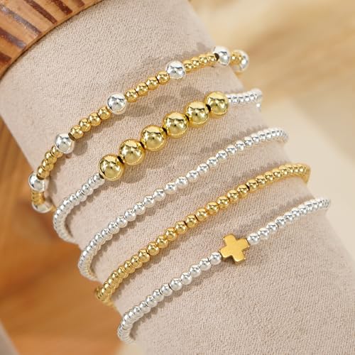 Silver Gold Beaded Bracelets for Women Stackable 14K Gold Plated Beads Ball Cross Bracelet Stack Non Tarnish Elastic Stretch Trendy Jewelry Christian Friendship Christmas Gifts for Women - color: 5pcs-Gold Cross