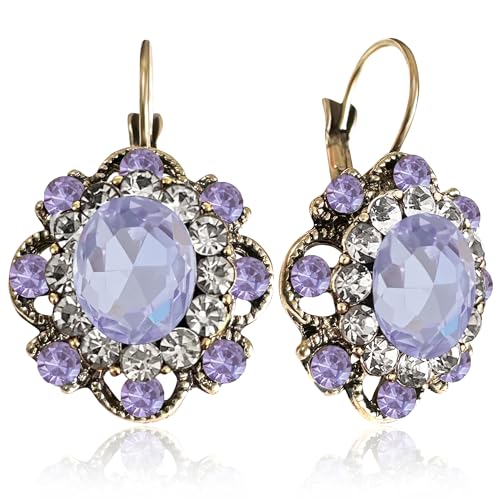 Handmade Bohemian Vintage Gold Sparkly Crystal Round Flower Leverback Earrings Cute Rhinestone Geometry Dangle Drop Earring for Women - color: Light Purple