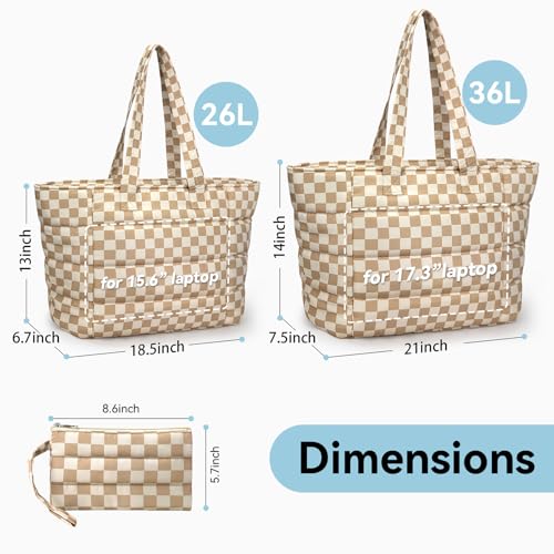 Puffer Tote Bag with Pouch, Women's Lightweight Quilted Shoulder Bag, 15.6"/17.3 Laptop Travel Weekender for Work & Nurses - color: Plaid, size: Medium