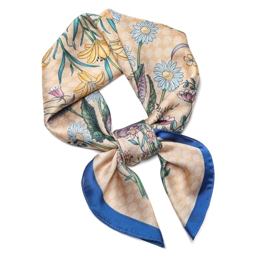 Stlvoll 27.5" Silk Neck Scarf of Women's Fashion Head Scarf Square Neck Satin Scarfs for Bag Hair Scarves Gift - color: Flower/Khaki