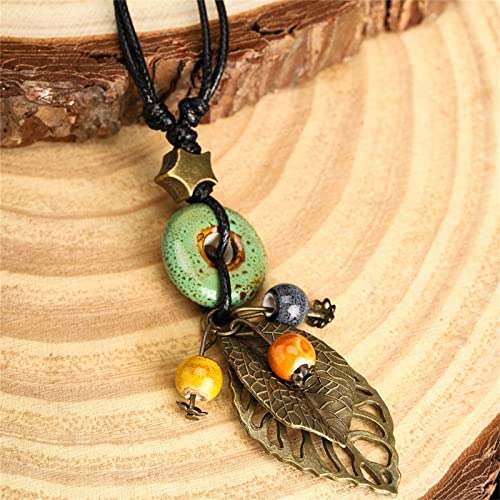Pingyongchang H&Z Bohemian Colorful Ceramic Beads Lariat Necklace, Hippie Moon Stars Ceramic Tassel Beaded Jewelry Gifts for Women - color: green