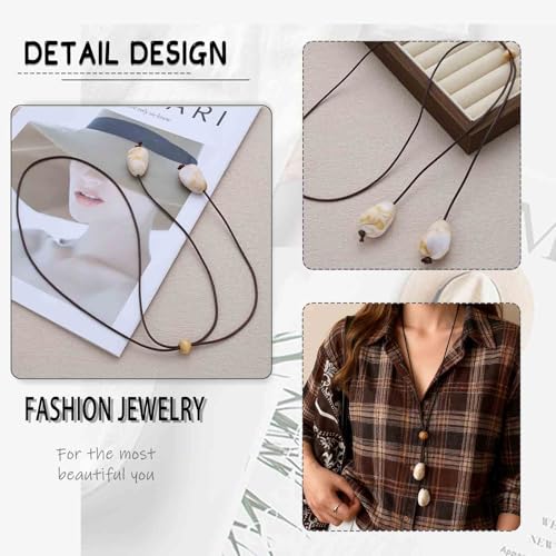 Boho Long Leather Necklace for Women Green Resin Stone Pendant Necklace Vintage Sweater Necklaces Hippie Handmade Necklaces Jewelry Accessories - color: Off-white
