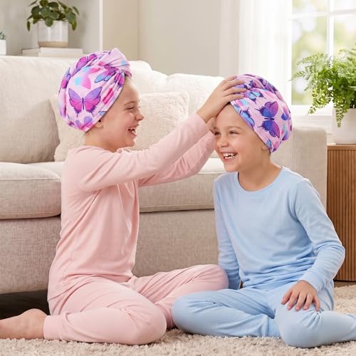 Basumee Microfiber Hair Towel Wrap for Kids 2 Pack - Rapid Drying Turbans With Button for Wet Hair - Head Towel Wrap for Women and Girls, Blue Pink Butterfly - color: Blue Pink Butterfly