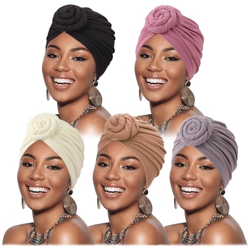 DRESHOW 5 Pack Knotted Headwraps for Women African Turban Pre-Knotted Beanie Headwraps Hair Covers - color: 5 Pack Donuts: White/Tan/Pink/Grey/Black