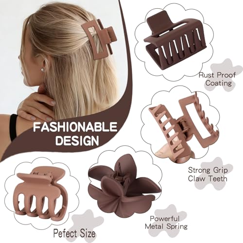 8 Pcs Neutral Matte Hair Claw Clips Set, Strong Hold Non-Slip Jaw Clips for Women Girls, Rectangle & Flower Design Hair Clips for Thick/Thin Hair, Daily & Styling Accessories（Coffee Red） - color: Coffee Red