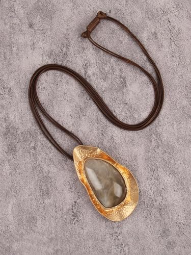 GelConnie Leather Necklace for Women Large Pendant Long Brown Necklace Circle Leather Choker Vintage Sweater Necklace Gold Chunky Boho Necklaces for Women - style: Large Grey Stone Necklace
