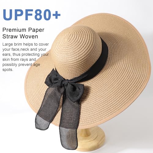 DRESHOW Beach Hats for Women Big Straw Wide Brim Summer Hat Floppy Foldable Roll up Cap Sun Hat UPF 50+ - color: Khaki (Black Band) /Normal Edge