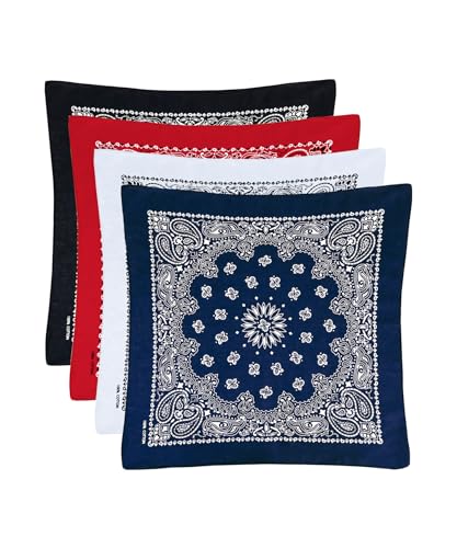 Bycc Bynn Large 27x27 Inch Bandana - 4 Pack 100% Cotton Bandanas for Men & Women - color: Black+red+white+navy