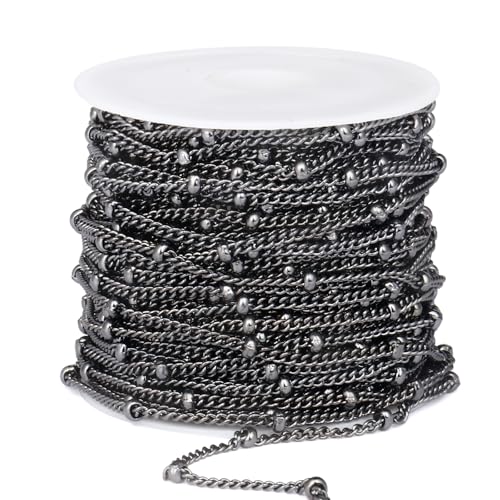 33 Feet Gunmetal Satellite Curb Chain Roll, 2mm 304 Stainless Steel Black Ball Beaded Twisted Link Chains Spool Bulk for Jewelry Making DIY Craft - color: Black Small Beads Satellite Curb Chain