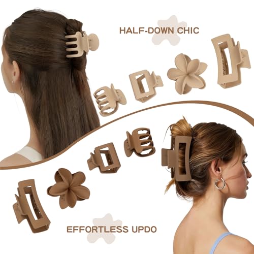 8 Pcs Matte Hair Clips for Women, Strong Hold Non-Slip Claw Clips for Girls, Flower Hair Clips for Thin Hair, Rectangle Claw Clips for Thick Hair, Neutral Colors Hair Accessories（Cream & Beige ） - color: White