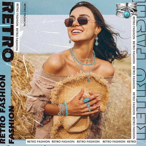 Ecally Bohemian Western Jewelry Turquoise Set Women Country Pendant Long Choker Layered Bracelets Earrings Ring for Women - color: Turquoise, style: Novel