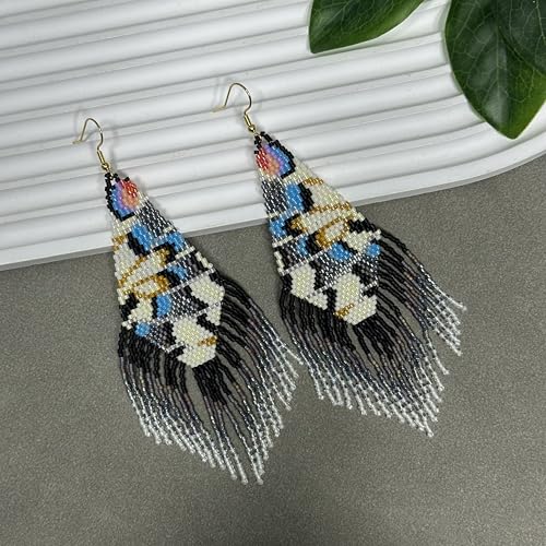 Handmade Seed Beaded Earrings, Lightweight Boho Fringe Dangle Earrings, Glass Bead Drop Jewelry for Everyday Wear & Party, Women Gifts - color: Feather