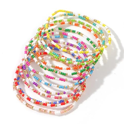 Colorful Stackable Seed Beaded Bracelets Set For Women, Boho Handmade Trendy Cute Stretch Accessories ball Glass Versatile Candy Jewelry, Summer Beach Daily Party Holiday Friendship Gift - color: Candy