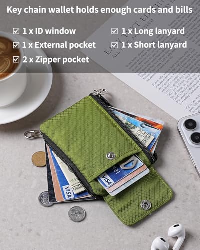 Artpaxy Minimalist Wallet For Mens Womens, Keychain RFID Blocking Zipper Small Wallet with ID Window 2 Lanyards,Water Resistant Travel Cash Card Coin Case Boys Girls - color: Lime green, style: Casual
