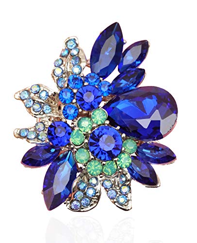 CSY Luxury Women's Austrian Crystal Leaves Flower Big Cocktail Statement Rings Stretch Adjustable Ring Jewelry Accessories - color: 01 royal blue