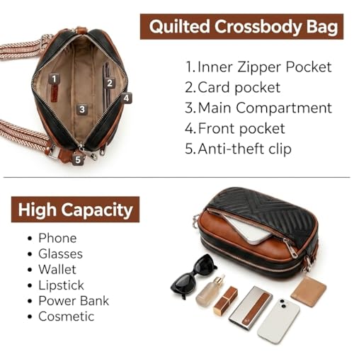 Vantamo Premium Quilted Crossbody Bags for Women with Anti-Pickpocket Clip, Vegan Leather Handbags, Travel Purses for Women - color: Black & Brown With Jacquard Strap