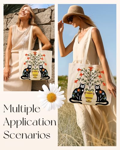 Miss Adola Embroidery Tote Bag with Pocket & Buckle - Reusable Canvas Tote for Women Cute Aesthetic Work Shopping Grocery Bag - style: Cat