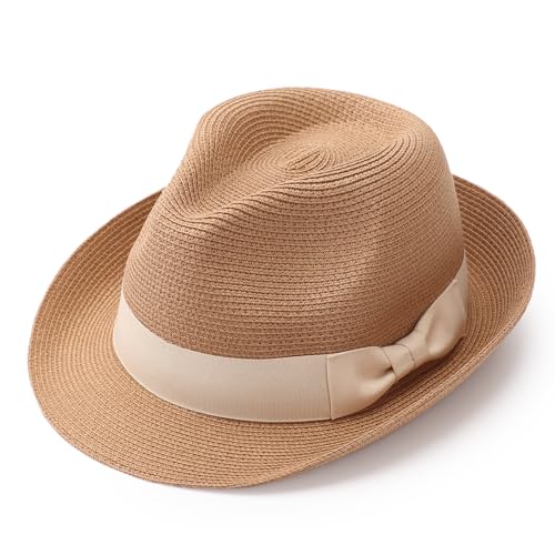 DRESHOW Women Straw Sun Hat Short Brim Panama Travel Fedora Summer Hat Roll Up Beach Cap for Women UPF 50+ - color: 1 Pack Rolled Hat: Khaki (Beige Band)