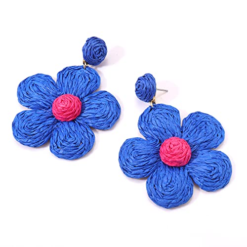 Rattan Earrings for Women Statement Boho Raffia Straw Wrapped Flower Drop Dangle Earrings Summer Tropical Beach Jewelry - color: Royal Blue