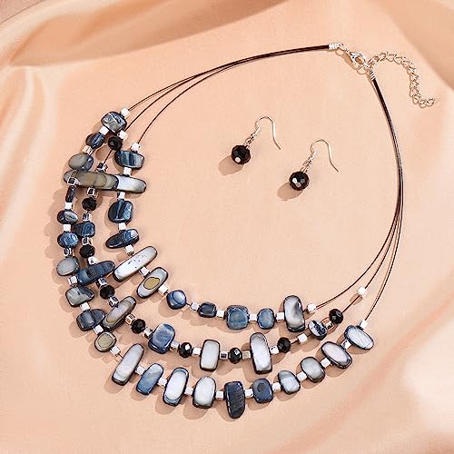 3 Layered Chunky Statement Necklace for Women Beaded Strand Necklaces with Earring Fashion Costumes Collar Necklace Jewelry Sets Gifts for Women - color: 50-Black