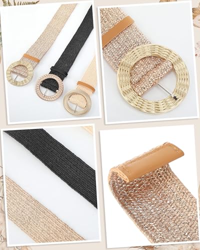 WILLBOND 3 Pcs Women Straw Stretch Belt Elastic Rattan Belts Straw Boho Raffia Belts for Ladies Woven Waist Belt for Dresses - size: Medium, style: Retro Style