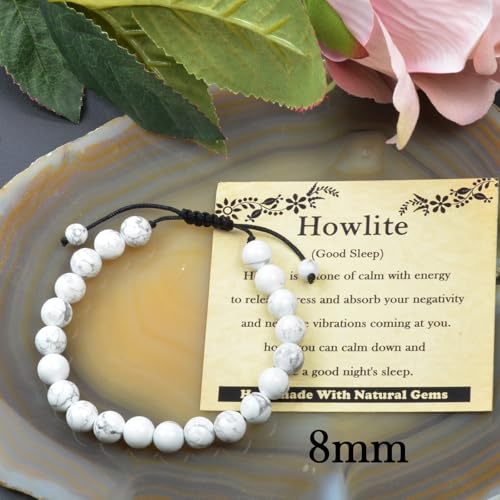468Handmade Adjustable Natural Gemstone Crystal Bracelet Healing Power Energy Inspirational Gifts with Card for Unisex - color: 02-Howlite(Good Sleep), size: 8mm